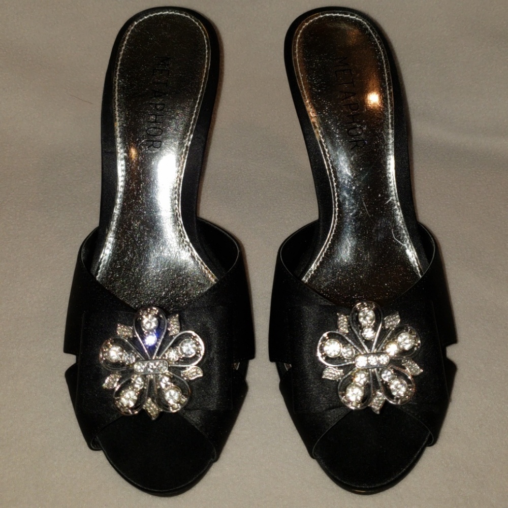 Black Satin heels with rhinestone jewel